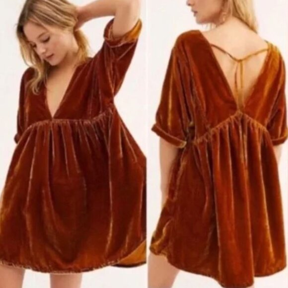 Free People Ivy Velvet Mini Dress Swing Flowy Cottage Boho Western Gold Rust XS - Picture 1 of 9